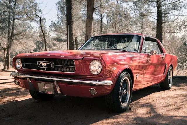 Ford Mustang Rouge dans une forêt de pins
