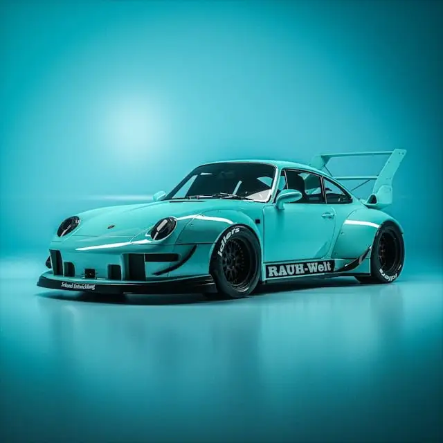 Porsche RWB bleu clair trois quart avant