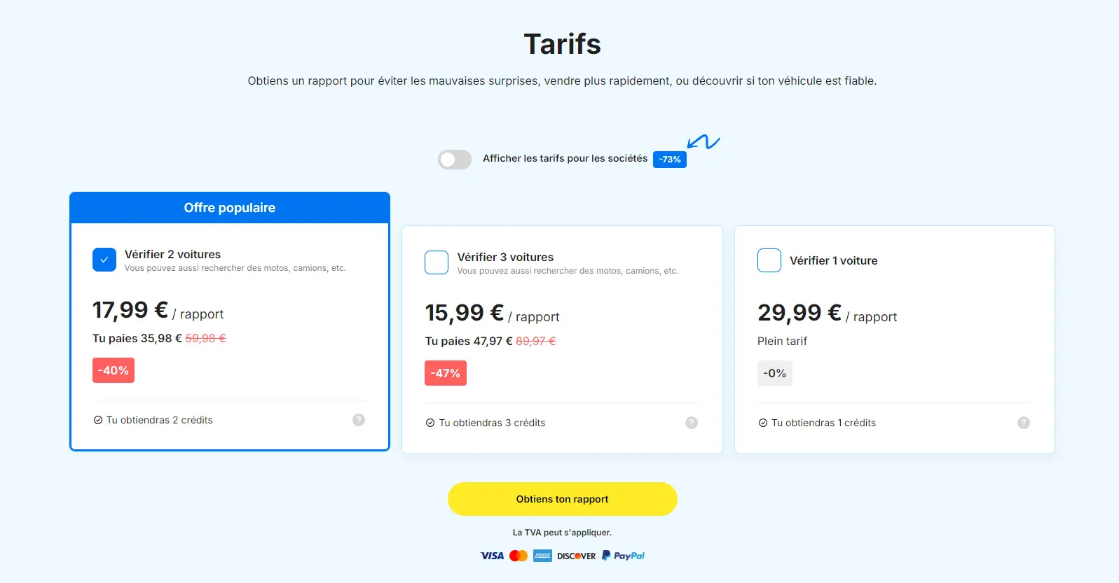 Tarifs prix rapports Carvertical